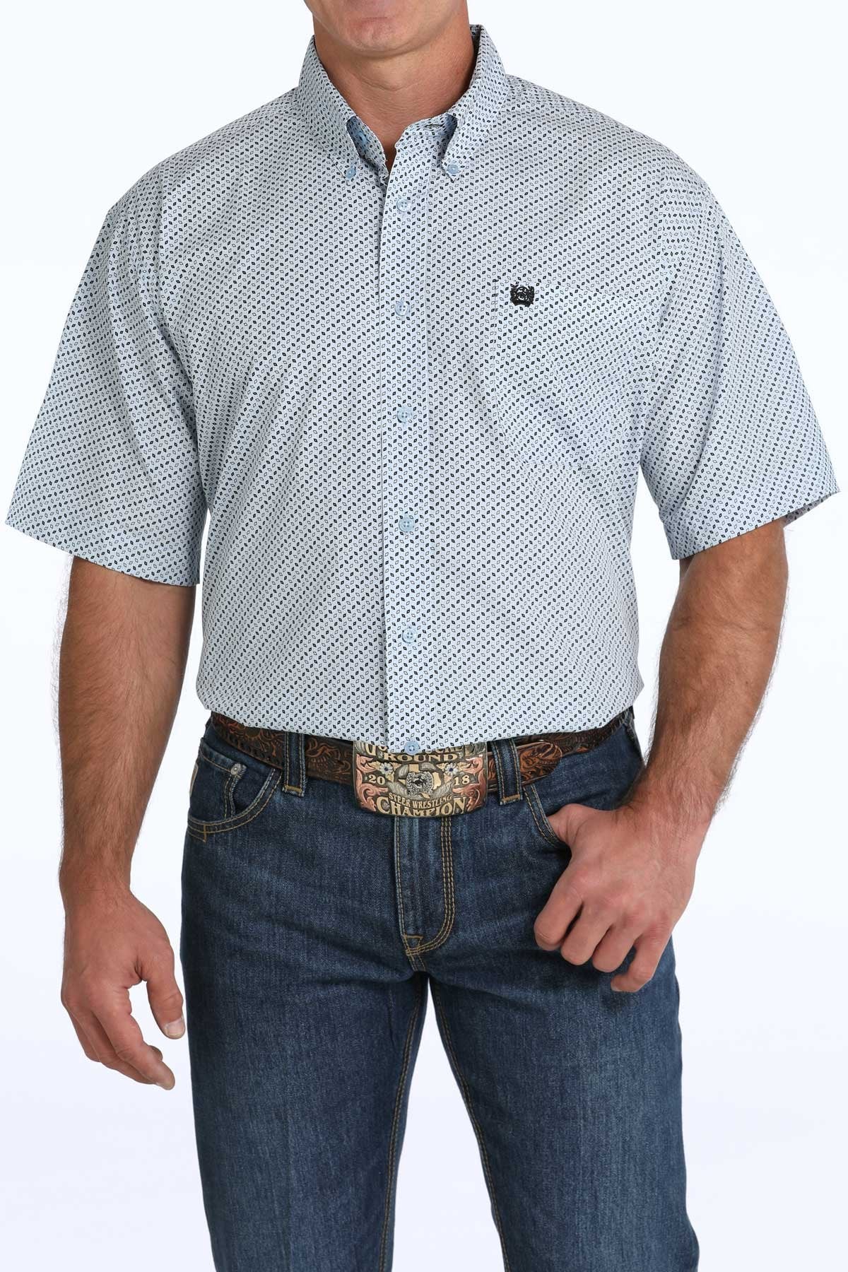 Cinch - Men's Diamond Print Short Sleeve - Light Blue